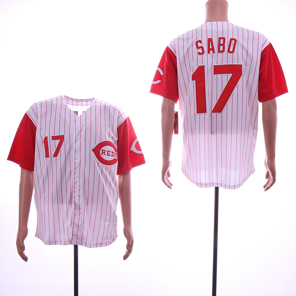 Men MLB Cincinnati Reds #17 Sabo white red with strips jerseys->cincinnati reds->MLB Jersey